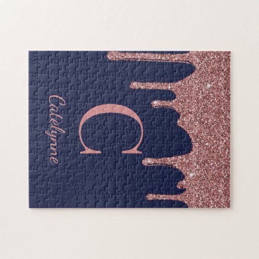 Navy Blue Roos Gold Sparkle Glitter Driemonogram Legpuzzel (Horizontaal)
