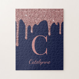 Navy Blue Roos Gold Sparkle Glitter Driemonogram Legpuzzel