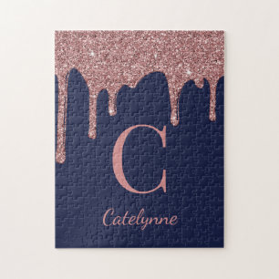 Navy Blue Roos Gold Sparkle Glitter Driemonogram Legpuzzel