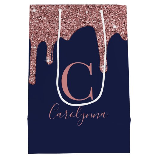 Navy Blue Roos Gold Sparkle Glitter Driemonogram Medium Cadeauzakje (Achterkant)
