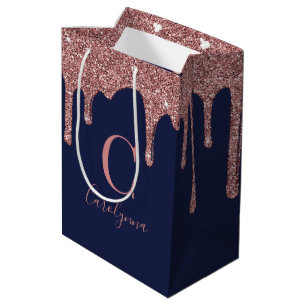 Navy Blue Roos Gold Sparkle Glitter Driemonogram Medium Cadeauzakje