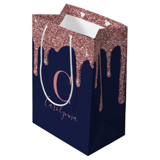 Navy Blue Roos Gold Sparkle Glitter Driemonogram Medium Cadeauzakje (Achterkant Gekanteld)