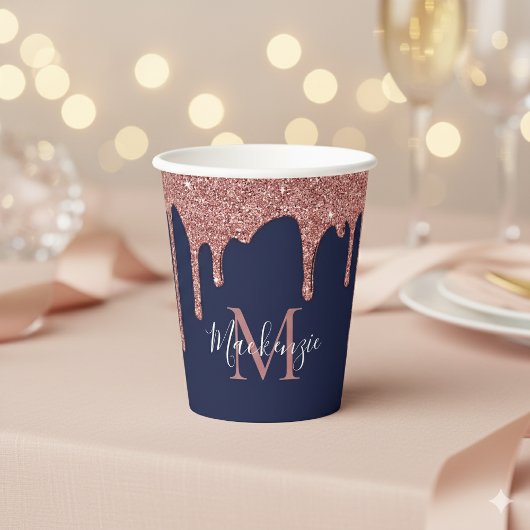 Navy Blue Roos Gold Sparkle Glitter Driemonogram Papieren Bekers