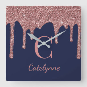 Navy Blue Roos Gold Sparkle Glitter Driemonogram Vierkante Klok