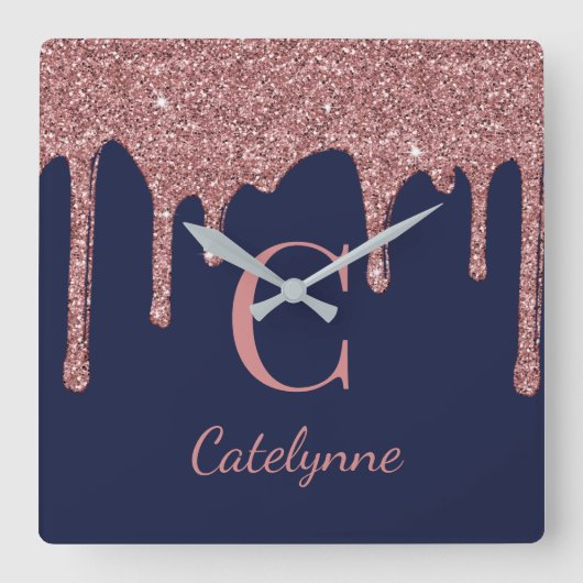 Navy Blue Roos Gold Sparkle Glitter Driemonogram Vierkante Klok (Voorkant)