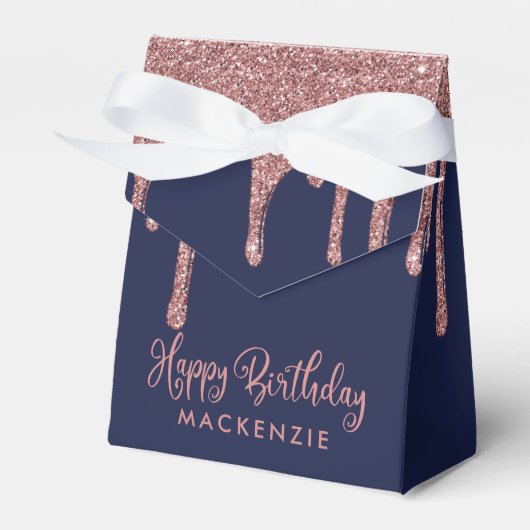 Navy Blue Roos Gold Sparkle Glitter Drift Birthday Bedankdoosjes (Voorkant Zijde)