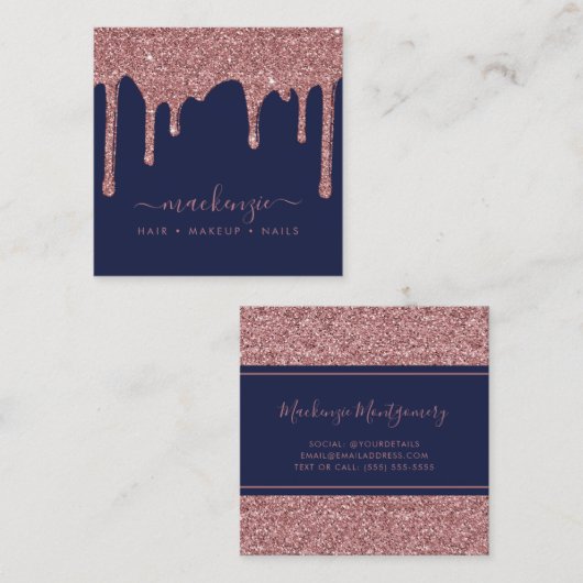 Navy Blue Roos Gold Sparkle Glitter Drift Luxury Vierkante Visitekaartje (Voorkant / Achterkant)