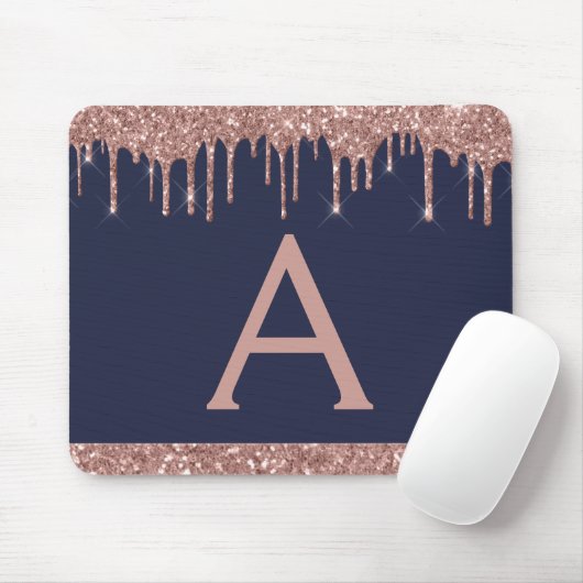 Navy Blue Roos Gold Sparkle Glitter Monogram Muismat (Met muis)