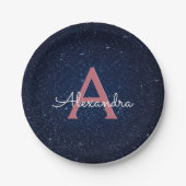 Navy Blue & Roos Gold Sparkle Monogram Initiaal Papieren Bordje (Voorkant)