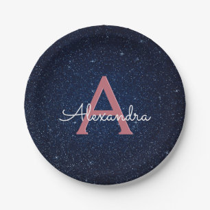 Navy Blue & Roos Gold Sparkle Monogram Initiaal Papieren Bordje