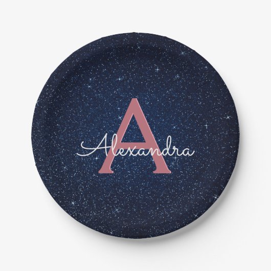 Navy Blue & Roos Gold Sparkle Monogram Initiaal Papieren Bordje (Voorkant)