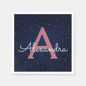 Navy Blue & Roos Gold Sparkle Monogram Initiaal Servetten (Voorkant)