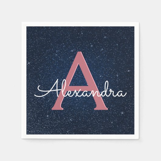 Navy Blue & Roos Gold Sparkle Monogram Initiaal Servetten (Voorkant)