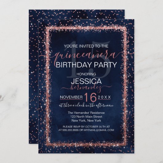 Navy Blue Roos Gold Sprinkled Confetti Quinceañera Kaart (Voorkant / Achterkant)