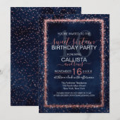 Navy Blue Roos Gold Sprinkled Confetti Sweet 16 Kaart (Voorkant / Achterkant)