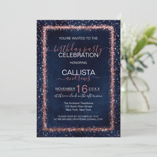 Navy Blue Roos Gold Sprinkled Confetti Verjaardag Kaart (Staand voorkant)