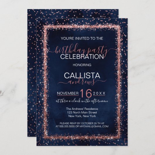 Navy Blue Roos Gold Sprinkled Confetti Verjaardag Kaart (Voorkant / Achterkant)