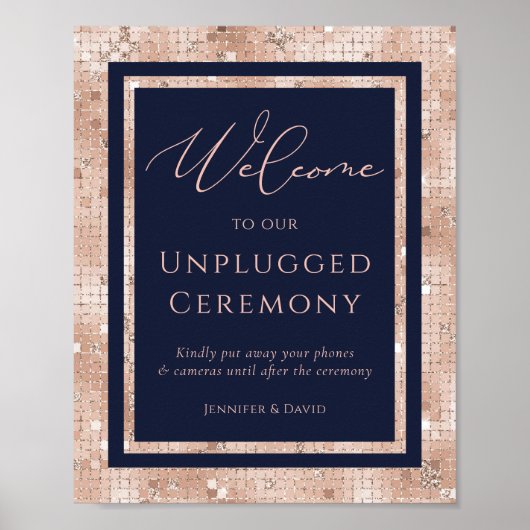 Navy Blue Roos Gold Unplugged Ceremony Sign Poster (Voorkant)