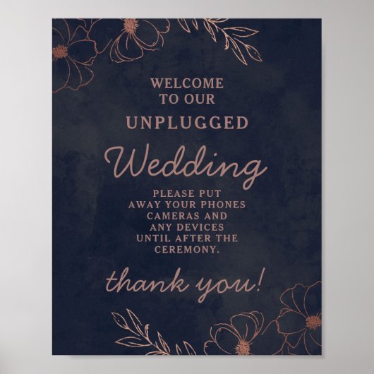Navy Blue & Roos Gold Unplugged Wedding Table Sign Poster (Voorkant)