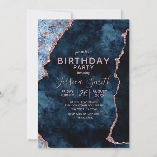 Navy Blue & Roos Gold Verjaardagsfeestuitnodiging Kaart (Voorkant)