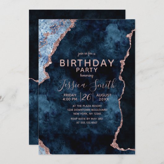 Navy Blue & Roos Gold Verjaardagsfeestuitnodiging Kaart (Voorkant / Achterkant)