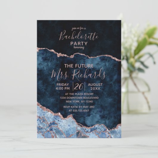 Navy Blue Roos Gold vrijgezellenfeest uitnodiging (Staand voorkant)