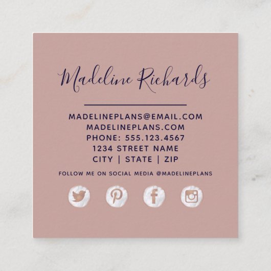 Navy Blue Roos Gold Waterverf Marble Agate Gilded Vierkante Visitekaartje (Achterkant)