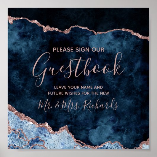 Navy Blue Roos Gold Wedding Guestbook Table Sign Poster (Voorkant)