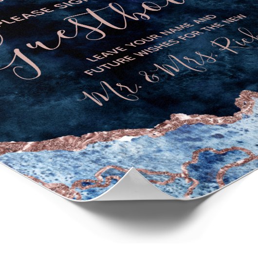Navy Blue Roos Gold Wedding Guestbook Table Sign Poster (Hoek)