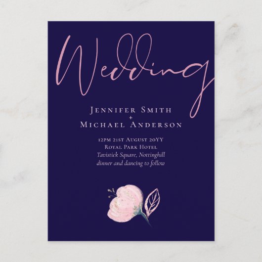 Navy Blue Roos Gold Wedding Invitation Budget Briefkaart (Voorkant)