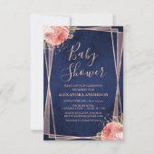 Navy Blue Roos Goud Bloemen Baby shower Kaart (Voorkant)