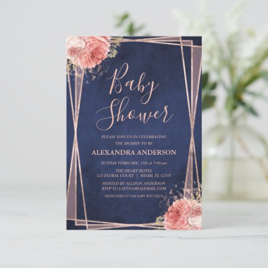Navy Blue Roos Goud Bloemen Baby shower Kaart (Staand voorkant)