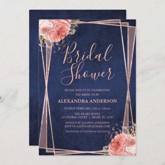 Navy Blue Roos Goud Bloemen Vrijgezellenfeest Kaart (Voorkant / Achterkant)