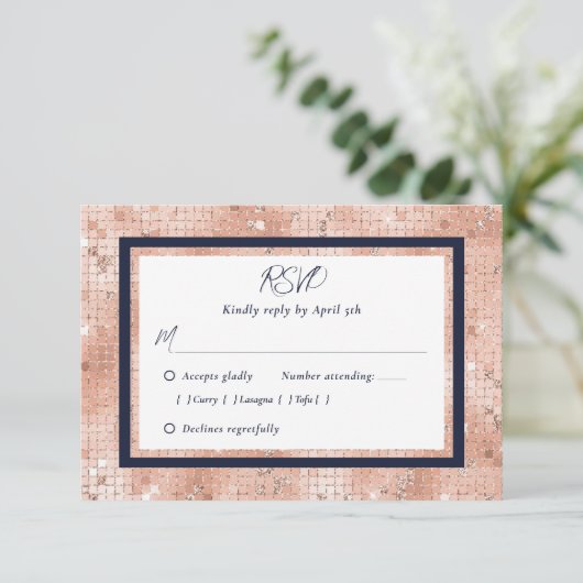 Navy Blue Roos Gouden Glitter Bruiloft RSVP Kaarte (Staand voorkant)