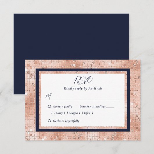 Navy Blue Roos Gouden Glitter Bruiloft RSVP Kaarte (Voorkant / Achterkant)