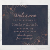 Navy Blue & Roos Goudfolie Bloemen Bruiloft Welkom Likeurfles Etiket (Enkel label)