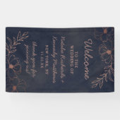 Navy Blue & Roos Goudfolie Bloemen Bruiloft Welkom Spandoek (Horizontaal)
