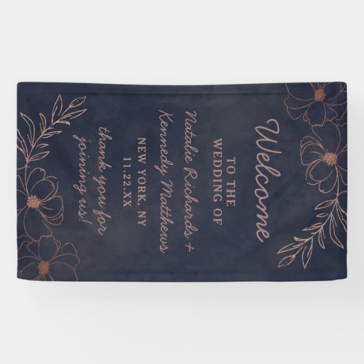 Navy Blue & Roos Goudfolie Bloemen Bruiloft Welkom Spandoek (Horizontaal)