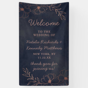 Navy Blue & Roos Goudfolie Bloemen Bruiloft Welkom Spandoek