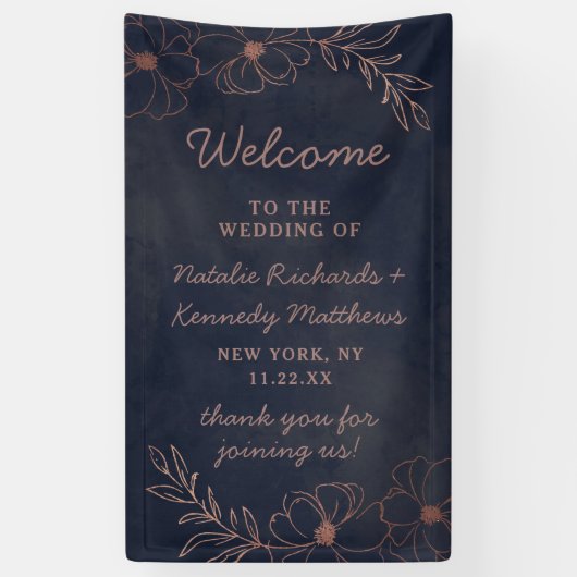 Navy Blue & Roos Goudfolie Bloemen Bruiloft Welkom Spandoek (Verticaal)
