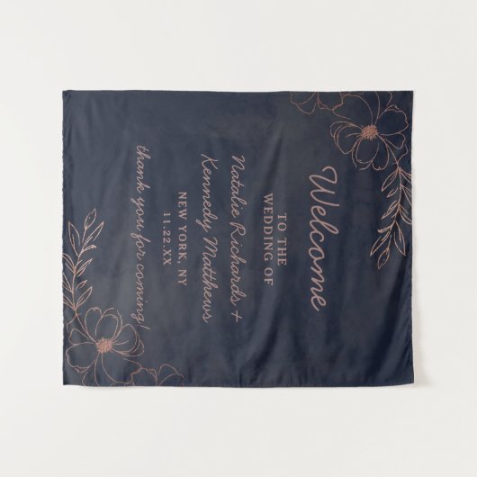 Navy Blue & Roos Goudfolie Bloemen Bruiloft Welkom Wandkleed (Voorkant (horizontaal))