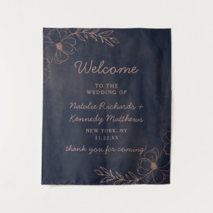 Navy Blue & Roos Goudfolie Bloemen Bruiloft Welkom Wandkleed