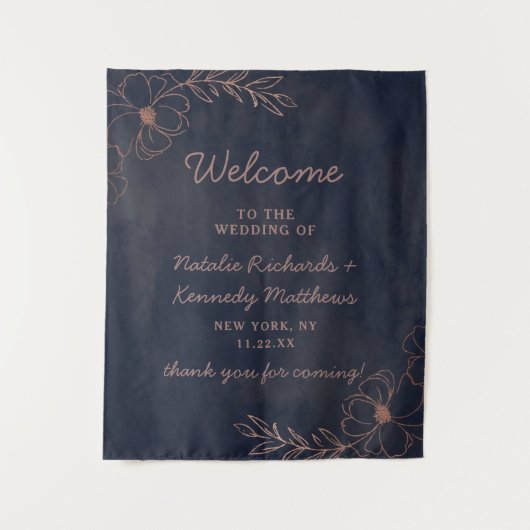 Navy Blue & Roos Goudfolie Bloemen Bruiloft Welkom Wandkleed (Voorkant)