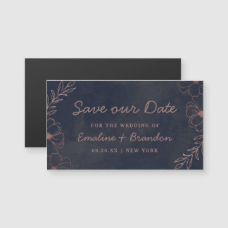 Navy Blue & Roos Goudfolie Bloemen Save our Date