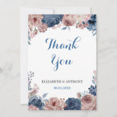 Navy Blue Roos Mauve Waterverf Floral Wedding Bedankkaart (Voorkant)