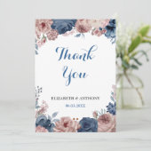 Navy Blue Roos Mauve Waterverf Floral Wedding Bedankkaart (Staand voorkant)