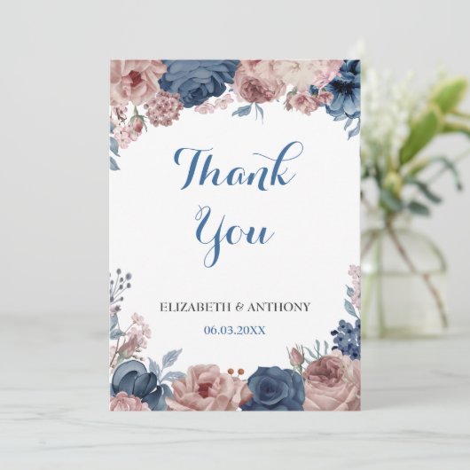 Navy Blue Roos Mauve Waterverf Floral Wedding Bedankkaart (Staand voorkant)