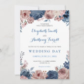 Navy Blue Roos Mauve Waterverf Floral Wedding Kaart (Voorkant)