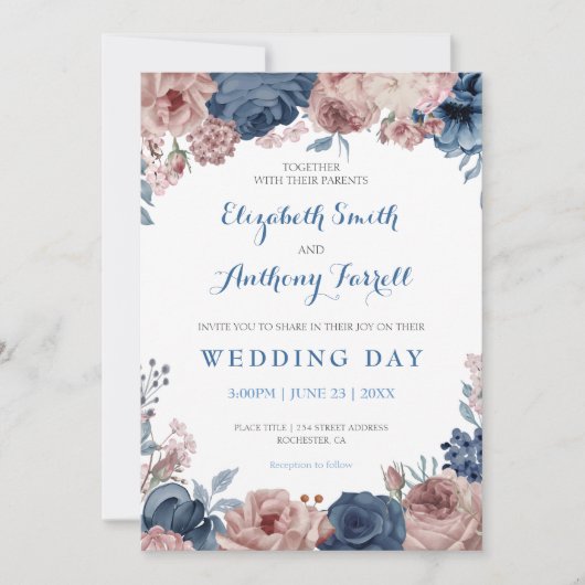 Navy Blue Roos Mauve Waterverf Floral Wedding Kaart (Voorkant)