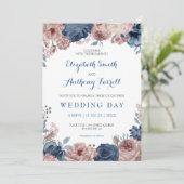 Navy Blue Roos Mauve Waterverf Floral Wedding Kaart (Staand voorkant)